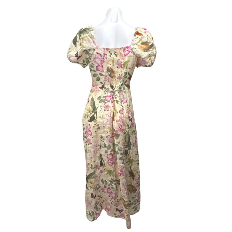 & Other Stories 100% Linen Floral Short Puff Sleeve Slit A Line Midi Dress Sz 6