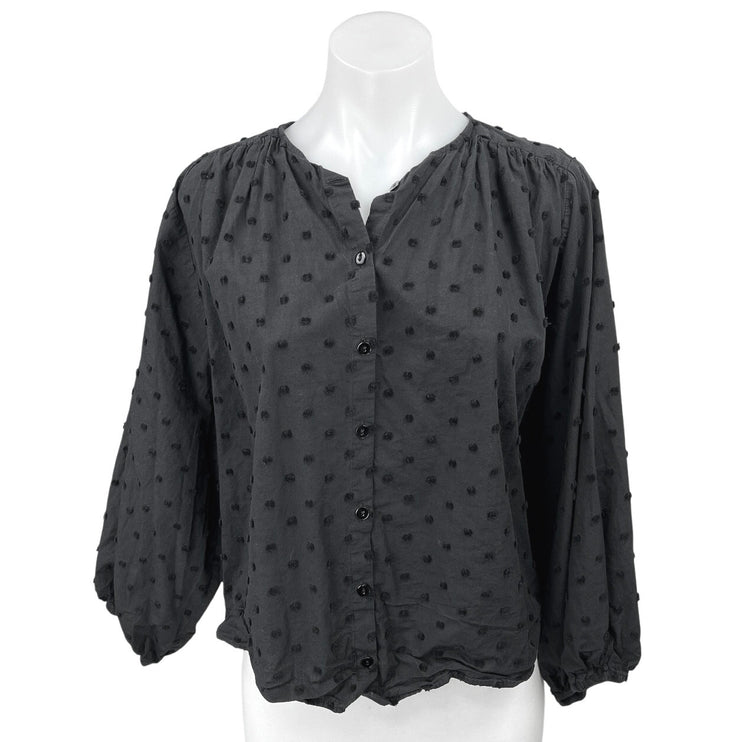 Zara Women's Black Swiss Dot Button Down Long Balloon Sleeve Blouse Top Size L