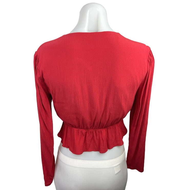 Aritzia Red Deep V-Neck Tie Front Long Sleeve Ruffle Peplum Crop Top Blouse Sz S