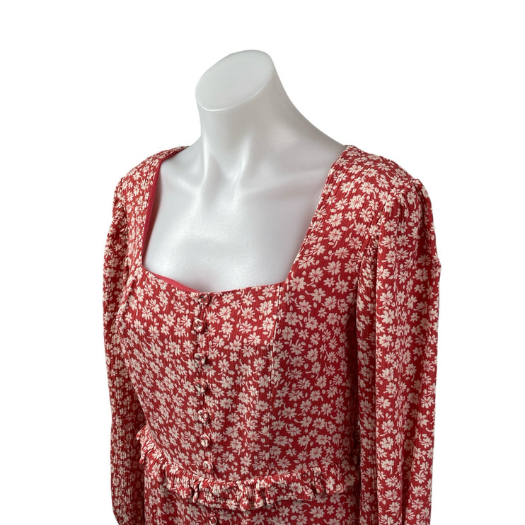 Lost + Wander Red Floral Shirred Long Sleeve Ruffle Blouson Maxi Dress Size S