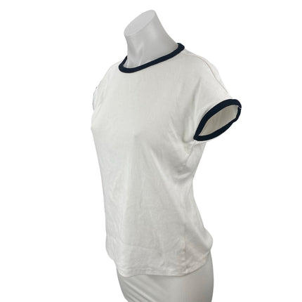 MNG Mango Women's White Short Sleeve Crew Neck Ringer Tee Basic T-Shirt Top Sz M