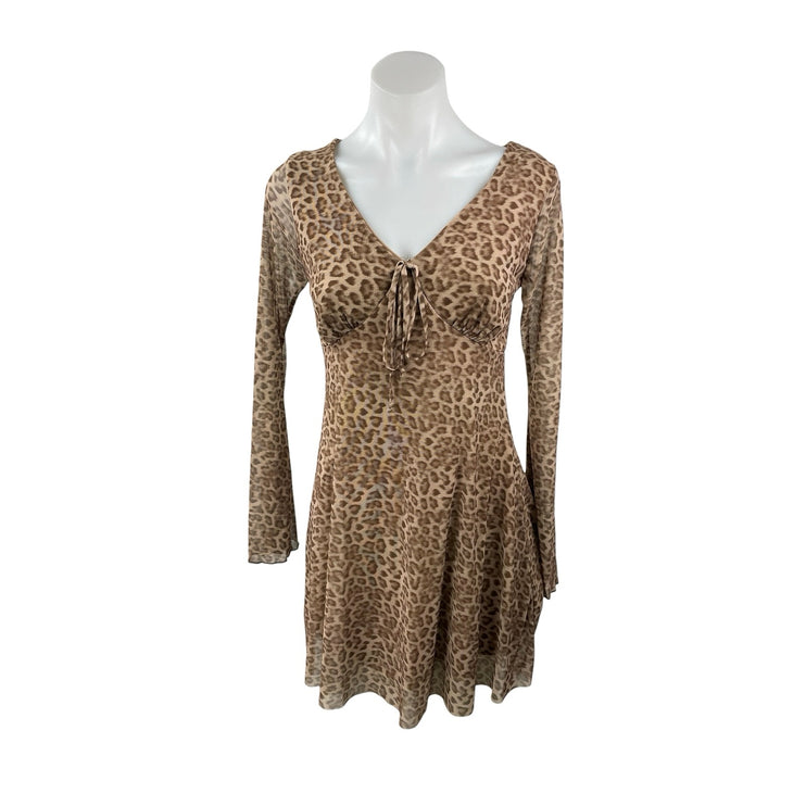 NEW See You Monday Tan Leopard Long Sleeve Tie V Neck A Line Mini Dress Size M