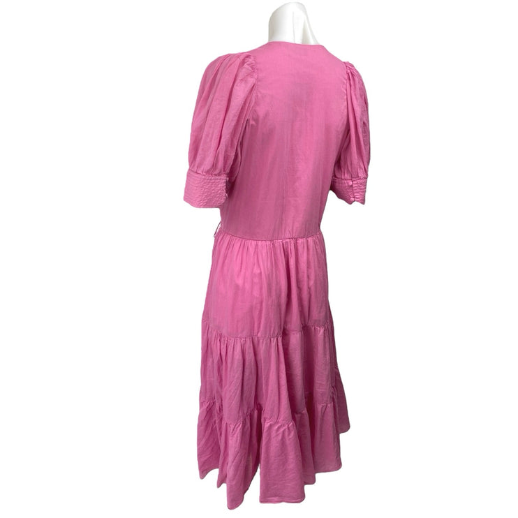 Rhode Womens Pink Short Puff Sleeve V-Neck A Line Tiered Wrap Midi Dress Size XS