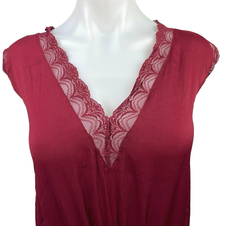 Free People Red Black Lace Cap Sleeve Boho V Neck Blouse Bodysuit Top Size S