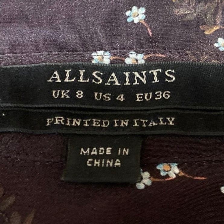 Allsaints Women's Purple Floral 100% Silk Long Sleeve Button Up Shirt Top Size 4