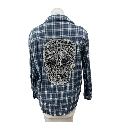 Furst of a Kind Plaid Check Embroidered Rhinestone Skull Button Down Shirt Top M