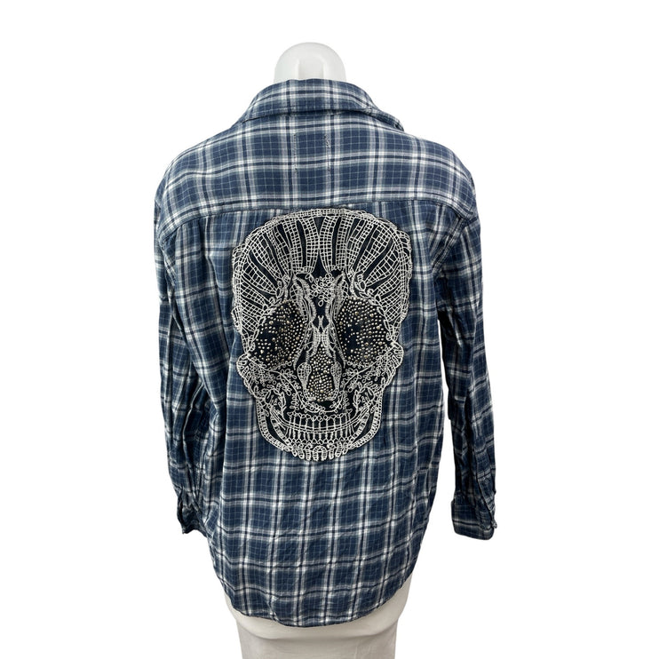 Furst of a Kind Plaid Check Embroidered Rhinestone Skull Button Down Shirt Top M