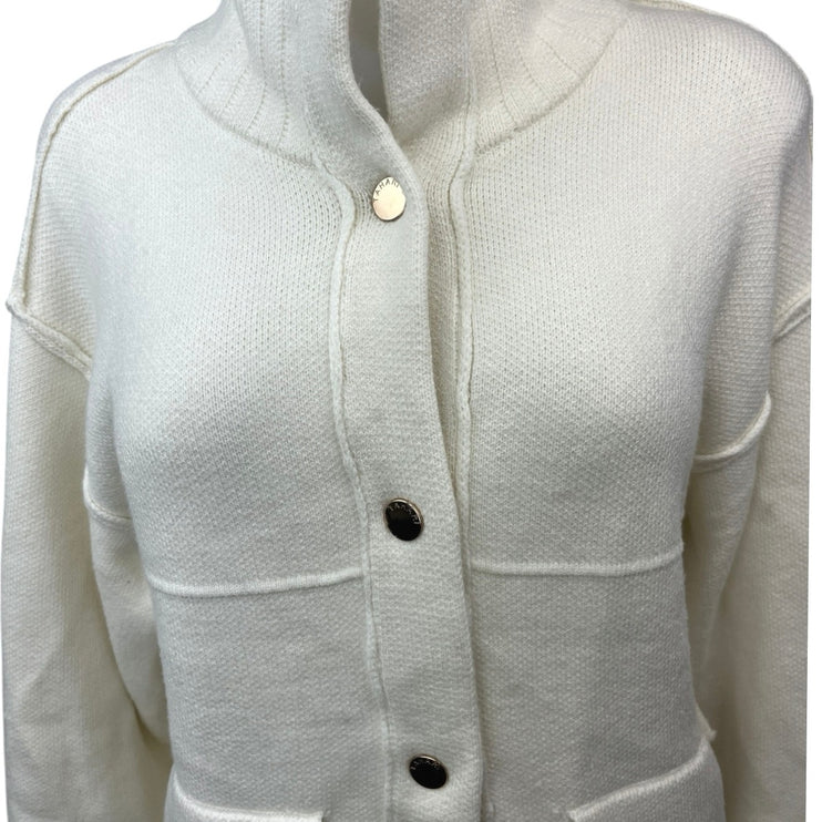 Tahari Women's White Button Down Pocket Cozy Cardigan Sweater Jacket Top Size M