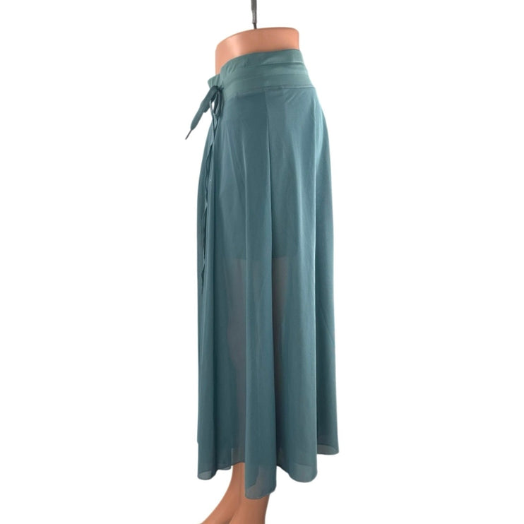 Women's Teal Blue Mesh Sheer Slit Pleated Tie Waist A Line Midi Skirt Size M