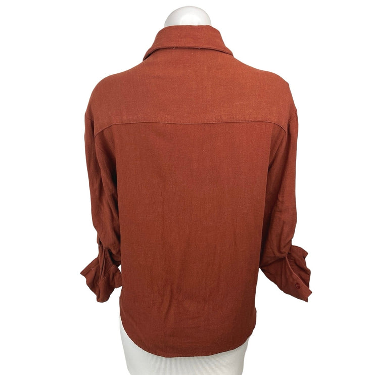 Seven Wonders Rust Brown Linen Roll Tab Sleeve Button Down Shirt Top Size XS/2