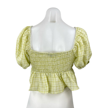 Blue Blush Women's Yellow Plaid Check Deep V Neck Puff Sleeve Crop Blouse Top M