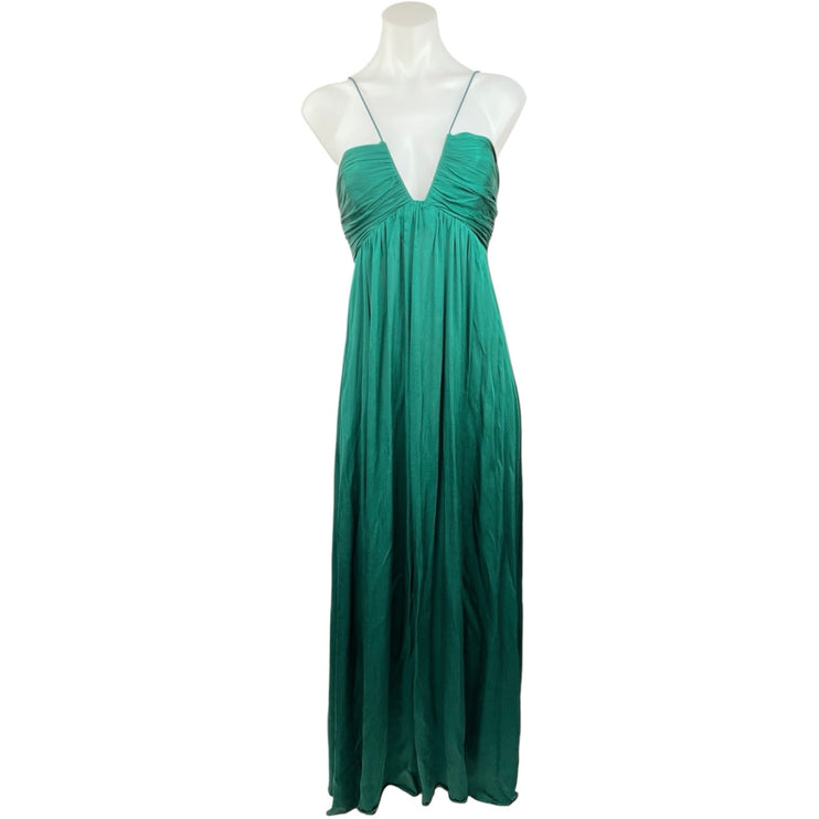 MNG Green Plunging V Empire Waist Sleeveless Pleated Maxi Evening Dress Size 2