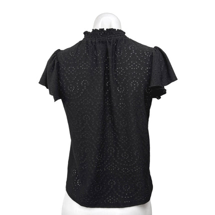 Faith & Zoe Black Eyelet Embroidered Mock Neck Short Sleeve Blouse Top Size XS