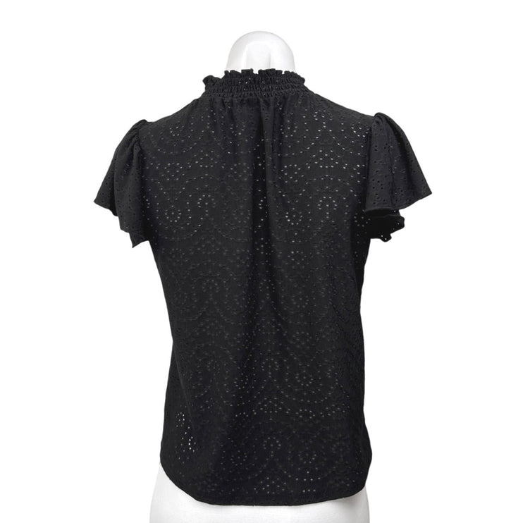 Faith & Zoe Black Eyelet Embroidered Mock Neck Short Sleeve Blouse Top Size XS