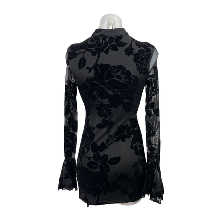 NEW Missguided Black Velvet Sheer Floral Long Bell Sleeve Mini Bodycon Dress XS
