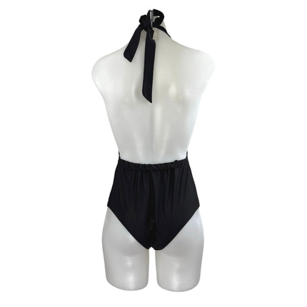 NEW Zaful Black Lace Splicing Halter High Waist One-Piece Swimwear Swimsuit Sz M