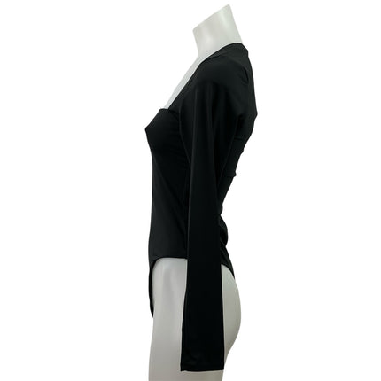 Qinsen Black Long Sleeve Square Neck Stretch Thong T Shirt Bodysuit Top Size S/M