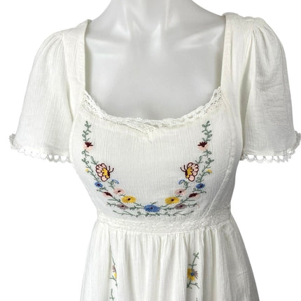 Just Me White Floral Lace Embroidered Puff Sleeve Tiered Midi A-Line Dress Sz S