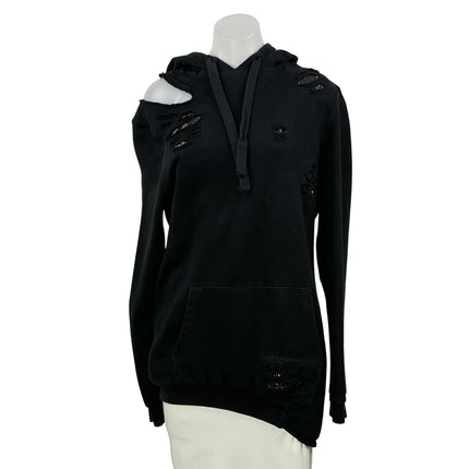 Women's Black Long Sleeves Distressed Cutout Pullover Hoodie Hooded Sweatshirt S