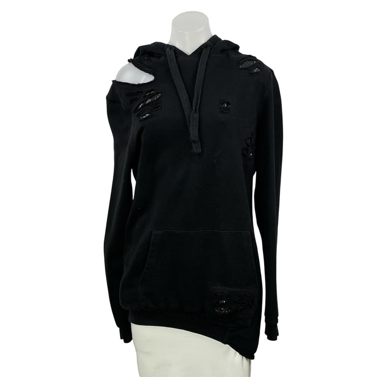 Women's Black Long Sleeves Distressed Cutout Pullover Hoodie Hooded Sweatshirt S