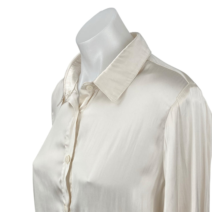 Mi Ami White Silky Satin Collared Long Sleeve Button Down Shirt Blouse Top Sz M