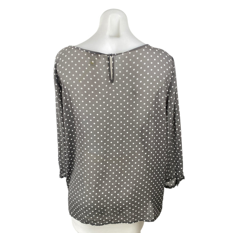 Ann Taylor LOFT Black Polka Dots Semi Sheer Long Sleeve Shirt Blouse Top Size L