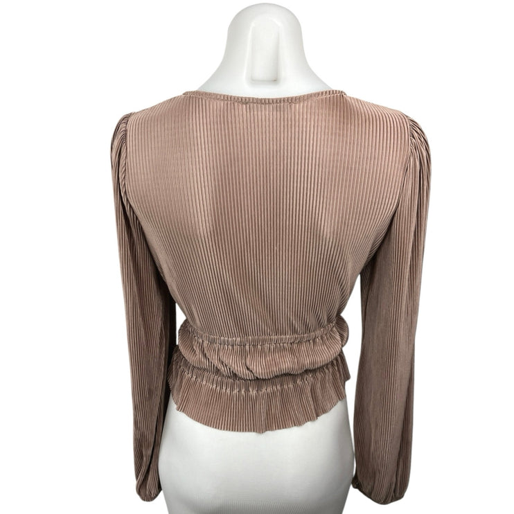 Zara Brown Metallic Pleated V-Neck Long Sleeve Cinched Tie Peplum Blouse Top S