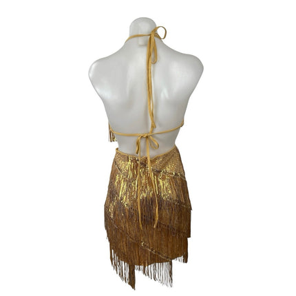 Gold Sleeveless Halter Fringe Sequin Cutout Gatsby Mini Bodycon Dress Size XL