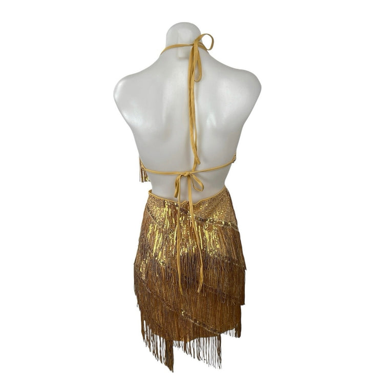 Gold Sleeveless Halter Fringe Sequin Cutout Gatsby Mini Bodycon Dress Size XL