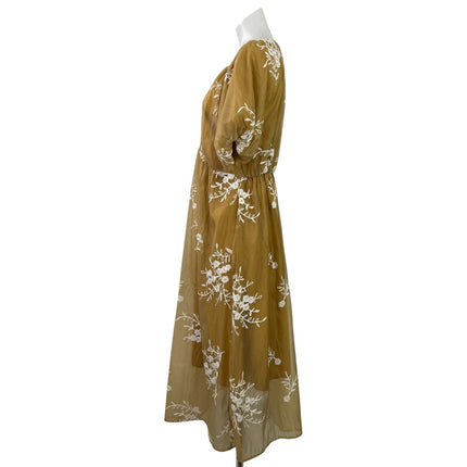 Dazy Women Yellow Brown Short Puff Sleeves Floral Casual Peasant Midi Dress M