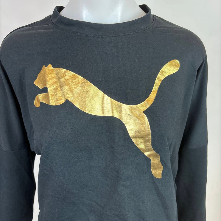 Puma Women's Black Gold Metallic Logo Print Crew Neck Cozy Cropped Sweatshirt S