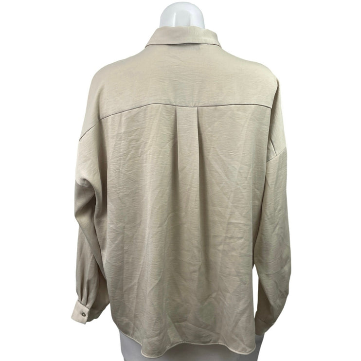 Zara Women's Cream White Long Sleeve Collared Pleated Button Down Shirt Top Sz M