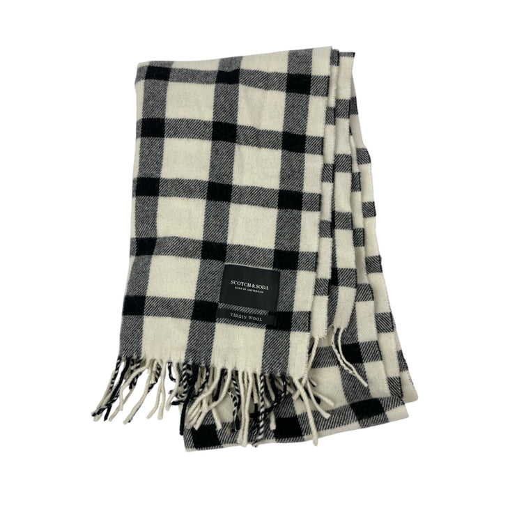 Scotch & Soda Wool Black White Plaid Check Fringe Snow Shawl Wrap Neck Scarf OS