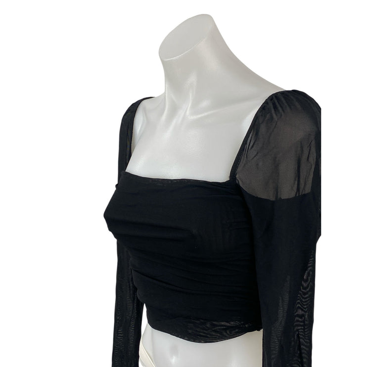 Princess Polly Black Sheer Mesh Ruched Square Neck Long Sleeve Crop Blouse Top 4