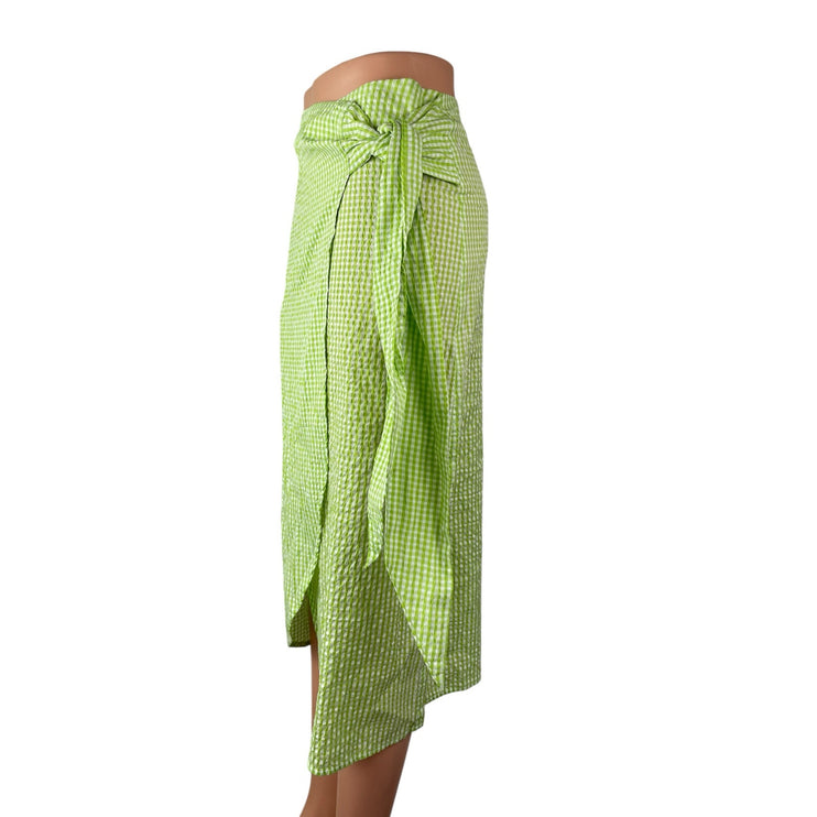 NEW Monki Women's Green Gingham Check High Rise Asymmetric Midi Wrap Skirt Sz 36