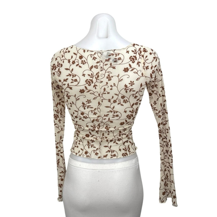 Motel Womens Cream Brown Flock Detail Floral Mesh Long Sleeve Crop Shirt Top XXS
