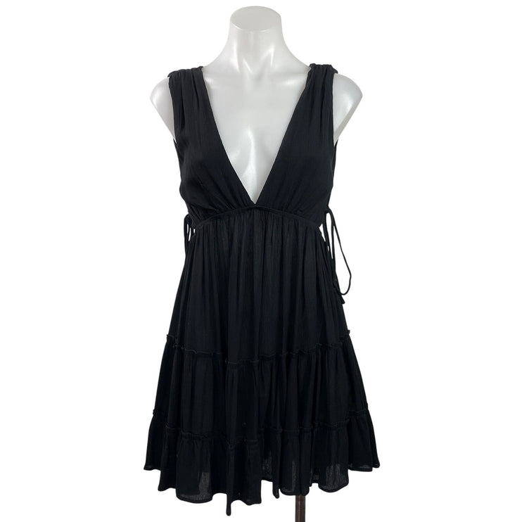 Victoria + Sophia Black Sleeveless V-neck Lace Up Tiered Mini A-Line Dress Sz S