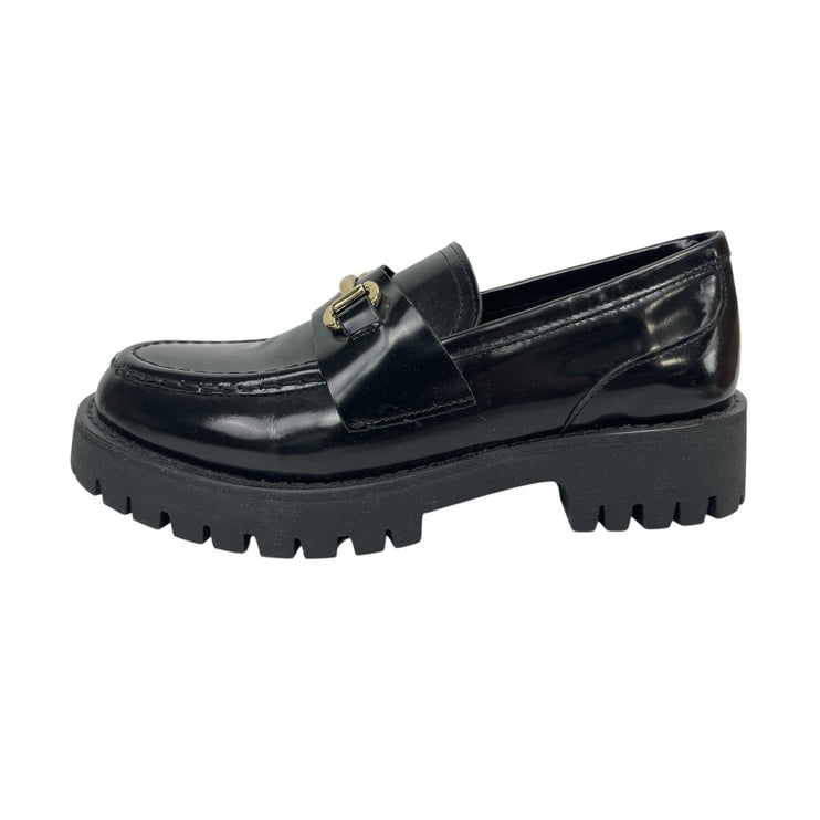 NEW Steve Madden Lando Black Leather Round Toe Slip On Platform Loafers Shoes 8M