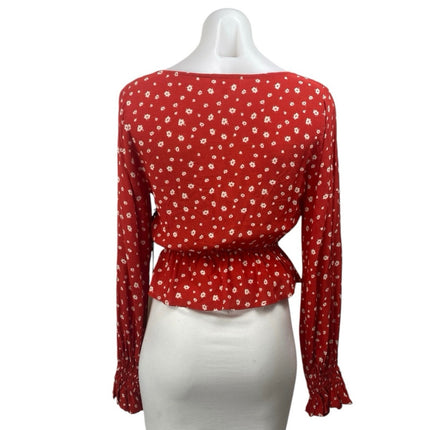 NEW Privacy Please Red Floral Long Sleeve Scoop Peplum Blouse Crop Top Size XS