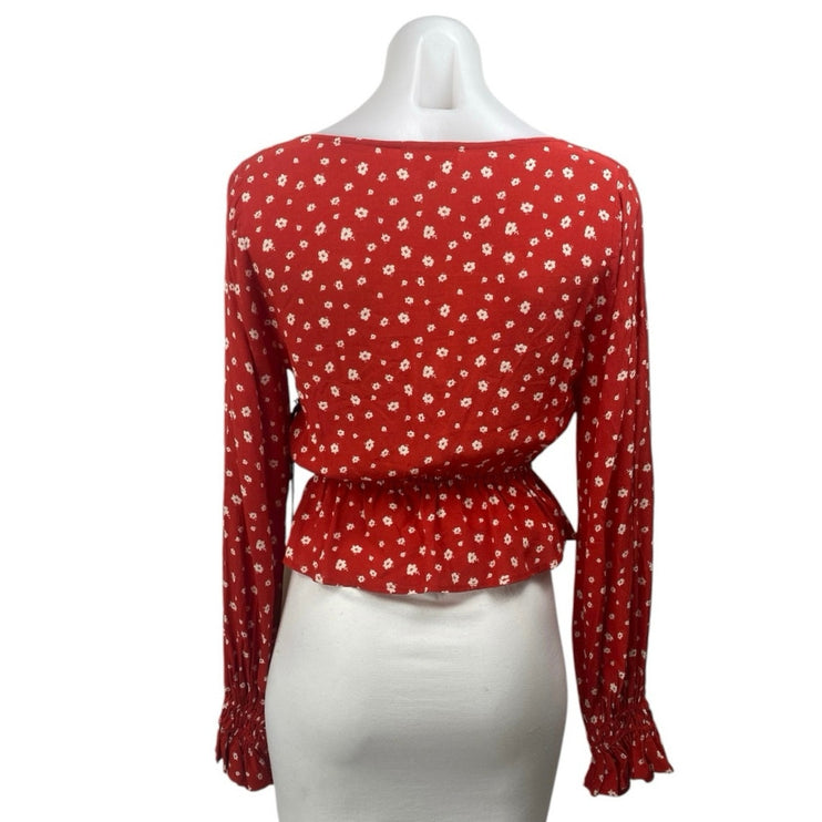 NEW Privacy Please Red Floral Long Sleeve Scoop Peplum Blouse Crop Top Size XS