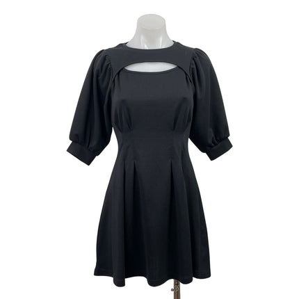 SLY Women's Black Half Puff Sleeve Cut Out Pleated Mini Flared A-line Dress Sz 1