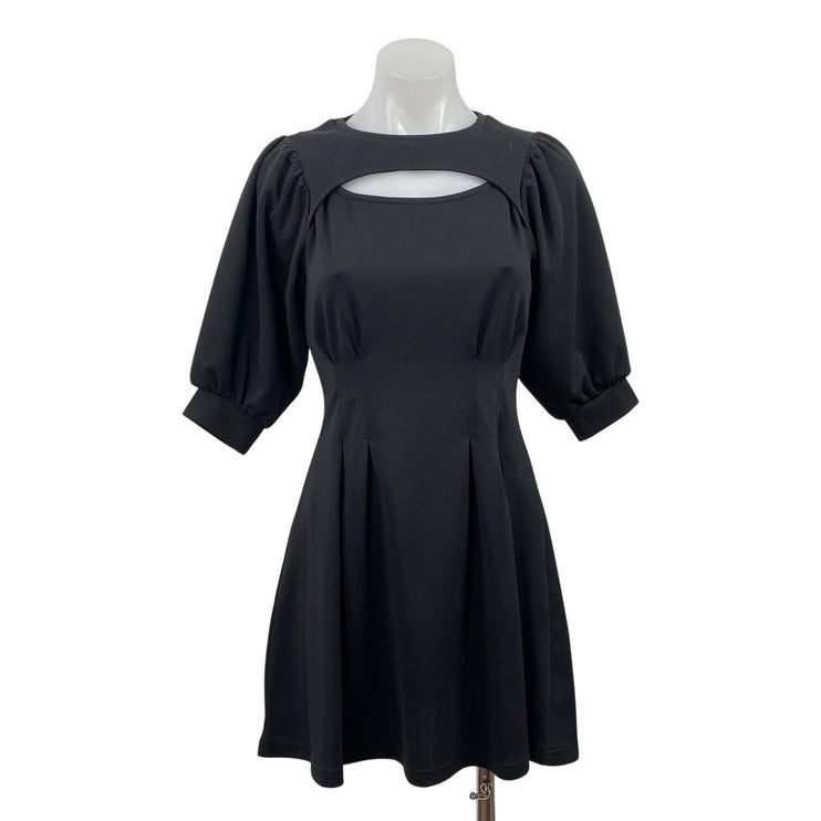 SLY Women's Black Half Puff Sleeve Cut Out Pleated Mini Flared A-line Dress Sz 1