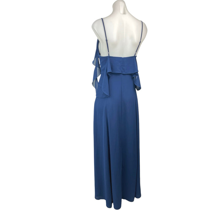 Lulus Navy Blue Ruffle V Neck Drapey Cold Shoulder Bridesmaid Maxi Dress Size S