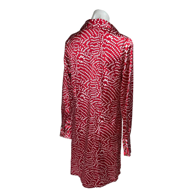 Vertigo Red Satin Polka Dot Button Down Collar Long Sleeve Shirt Dress Size M