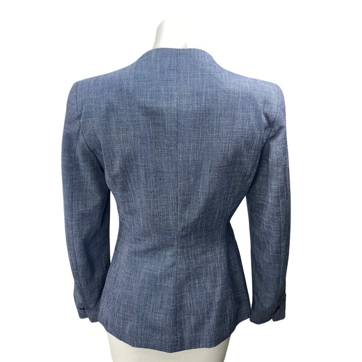 Zara Women's Blue Chambray V-neck One Button Long Sleeve Blazer Coat Jacket Sz 4