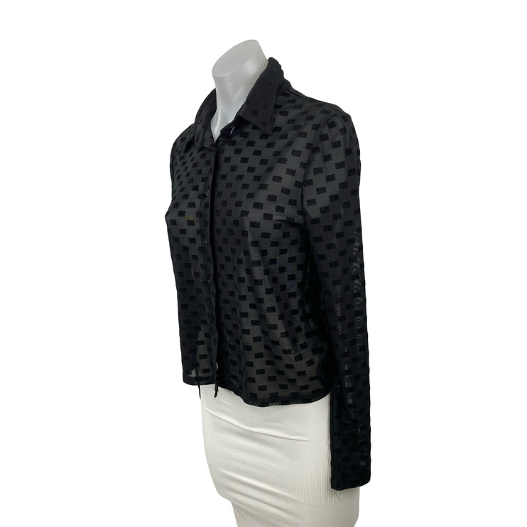 Edikted Womens Black Check Blocks Long Sleeve Sheer Button Down Shirt Top Size 1
