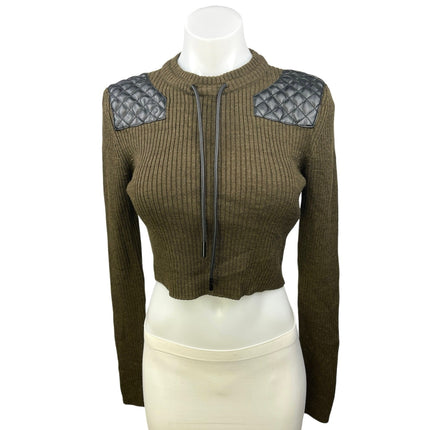 The Kooples Khaki Green Wool Ribbed Leather Insert Pullover Crop Sweater Top S