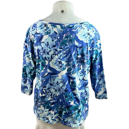 Appleseed's Blue Half Sleeve Floral Boat Neck Cotton T Shirt Tee Top Size XL