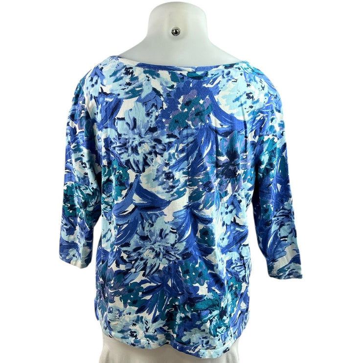 Appleseed's Blue Half Sleeve Floral Boat Neck Cotton T Shirt Tee Top Size XL