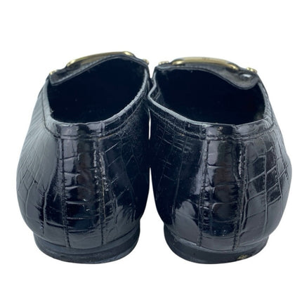 Ralph Lauren Women's Black Gold Logo Croc Leather Chain Slip On Loafers Shoes 6M